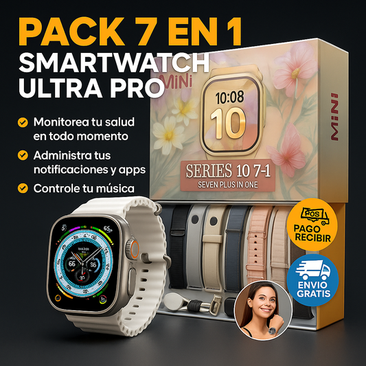 PACK 7 EN 1 SMARTWATCH ULTRA PRO + 7 CORREAS GRATIS + CAJA CON CARGADOR